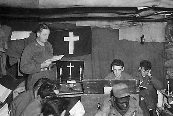 Protestant service in an underground bunker - Korean Conflict.
