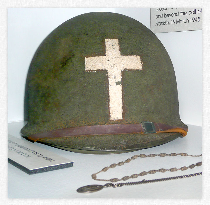 Helmet worn by Father o'Callahan during combat.