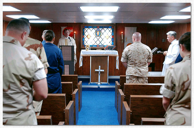Religious services aboard the USS Mount Whitney.